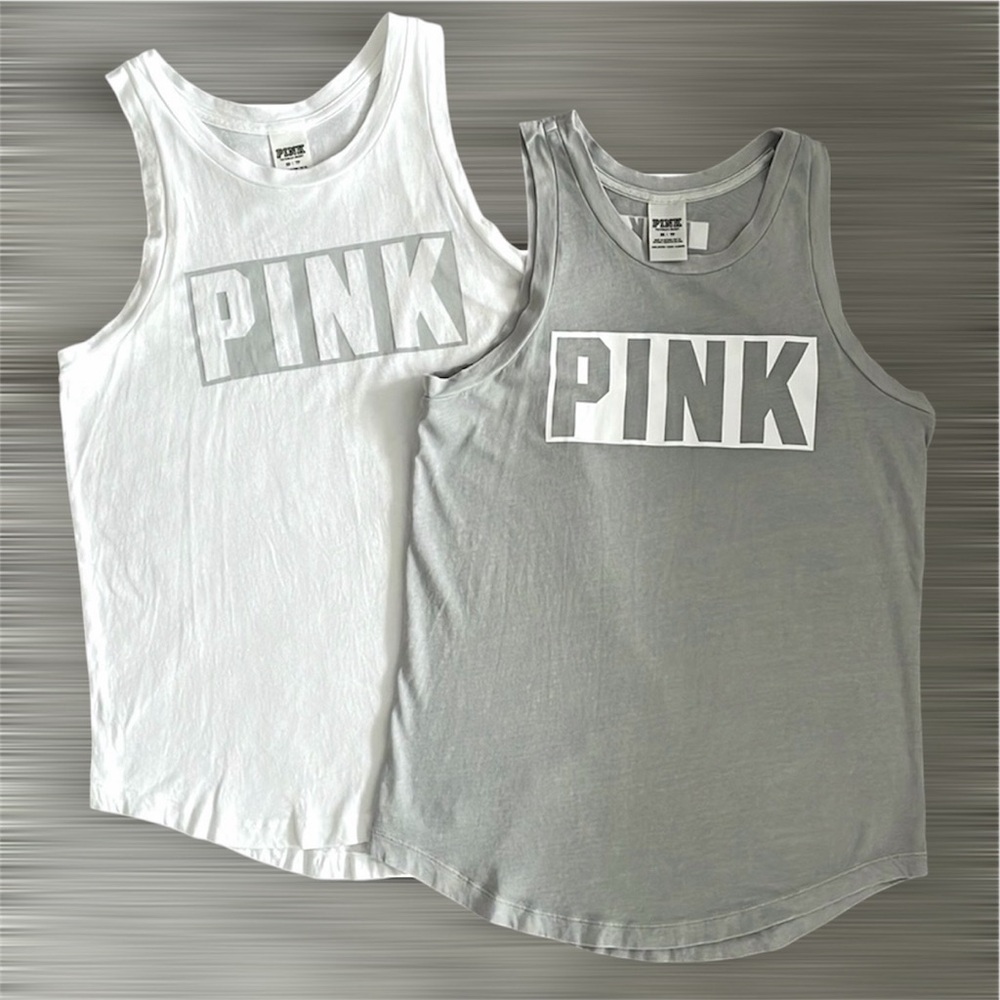 PINK Victoria’s Secret Logo Graphic Muscle Tee Tank Top Grey/White - Picture 6 of 9